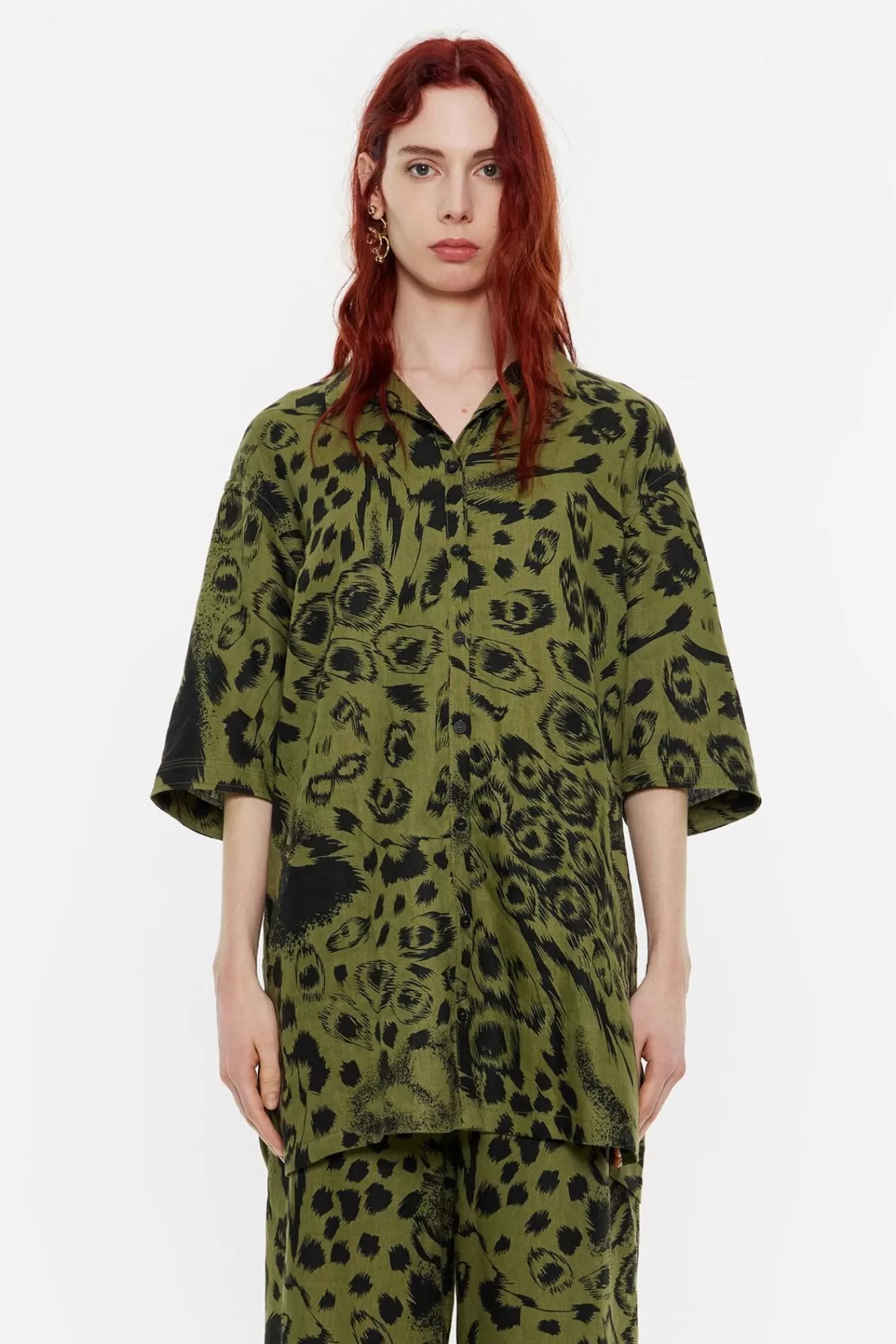 BIMBA Y LOLA Camisa Oversize Lino Animal Mix Verde Best Sale