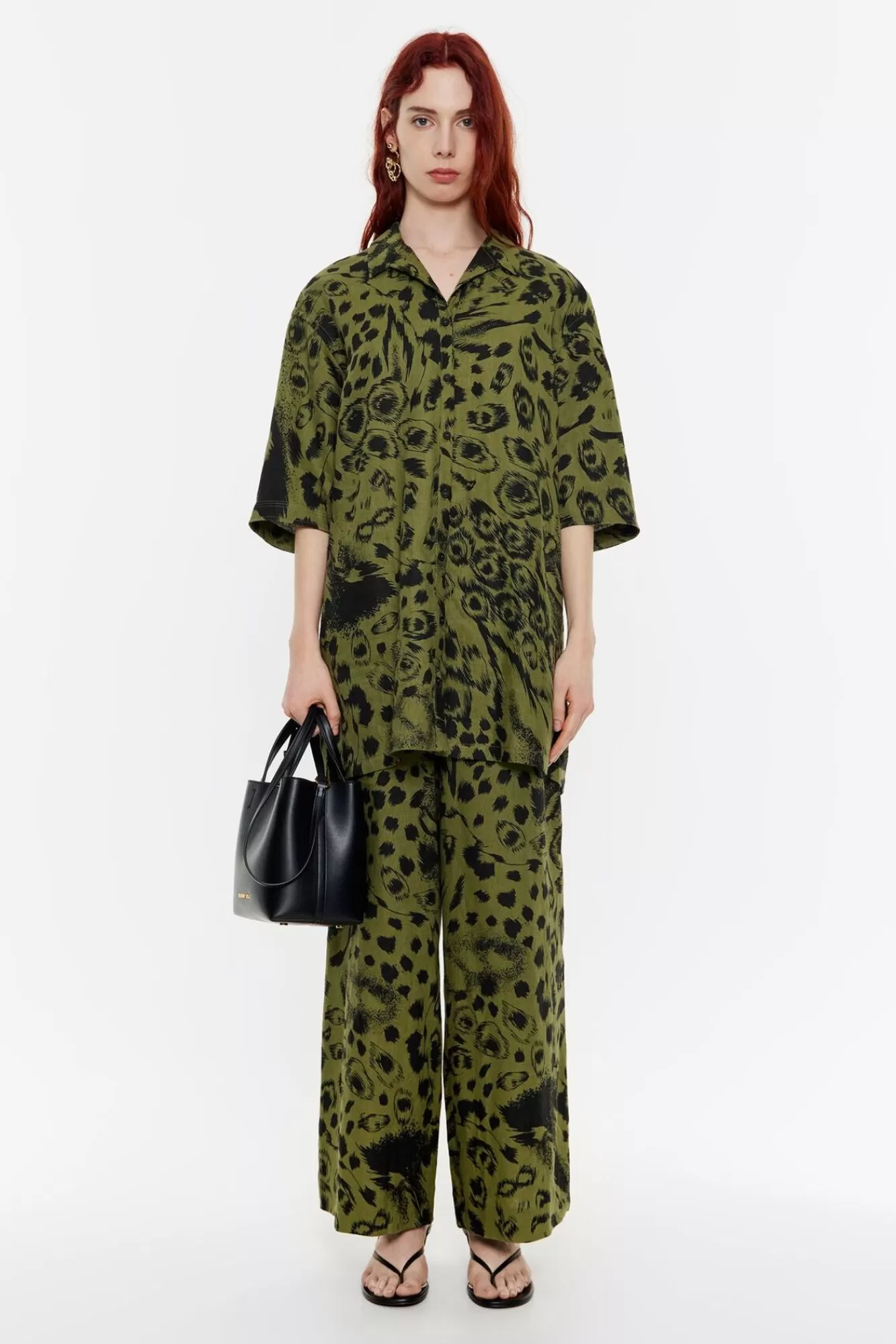 BIMBA Y LOLA Camisa Oversize Lino Animal Mix Verde Fashion