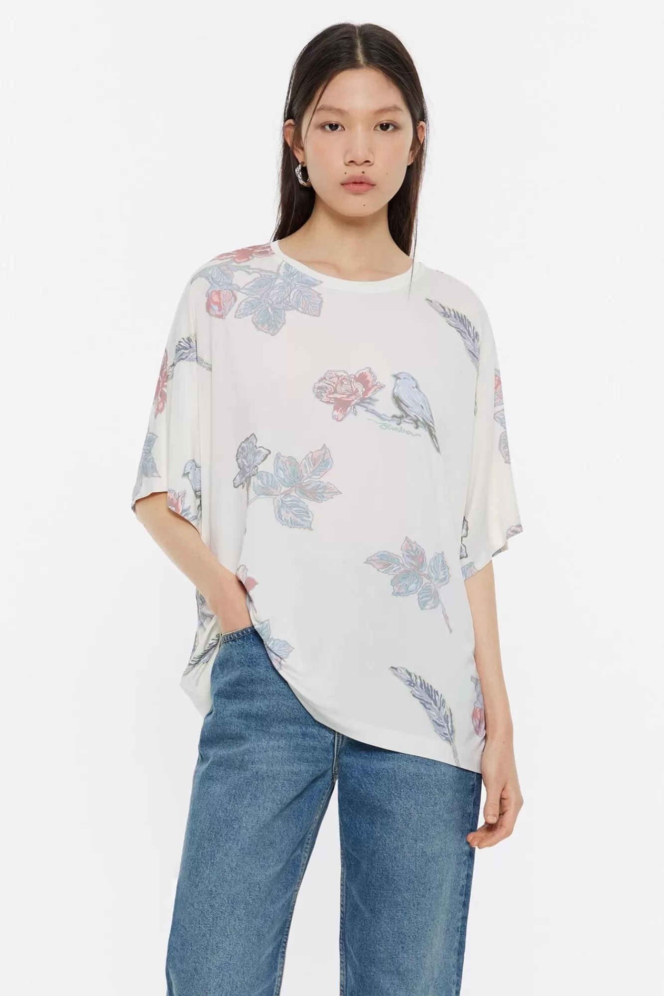 BIMBA Y LOLA Camiseta Boxy Viscosa Birds Marfil Discount