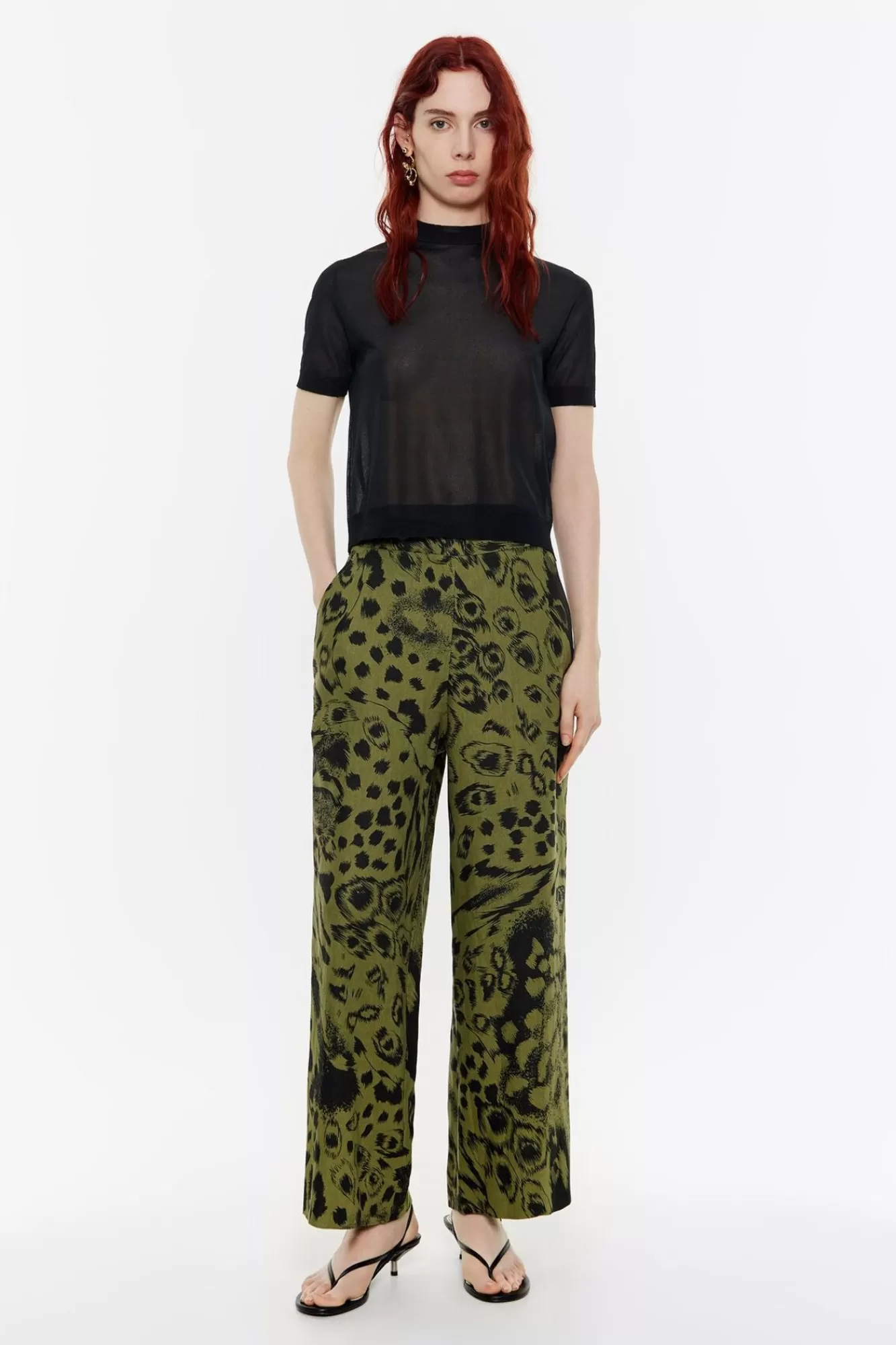 BIMBA Y LOLA Pantalon Lino Animal Mix Verde Best Sale